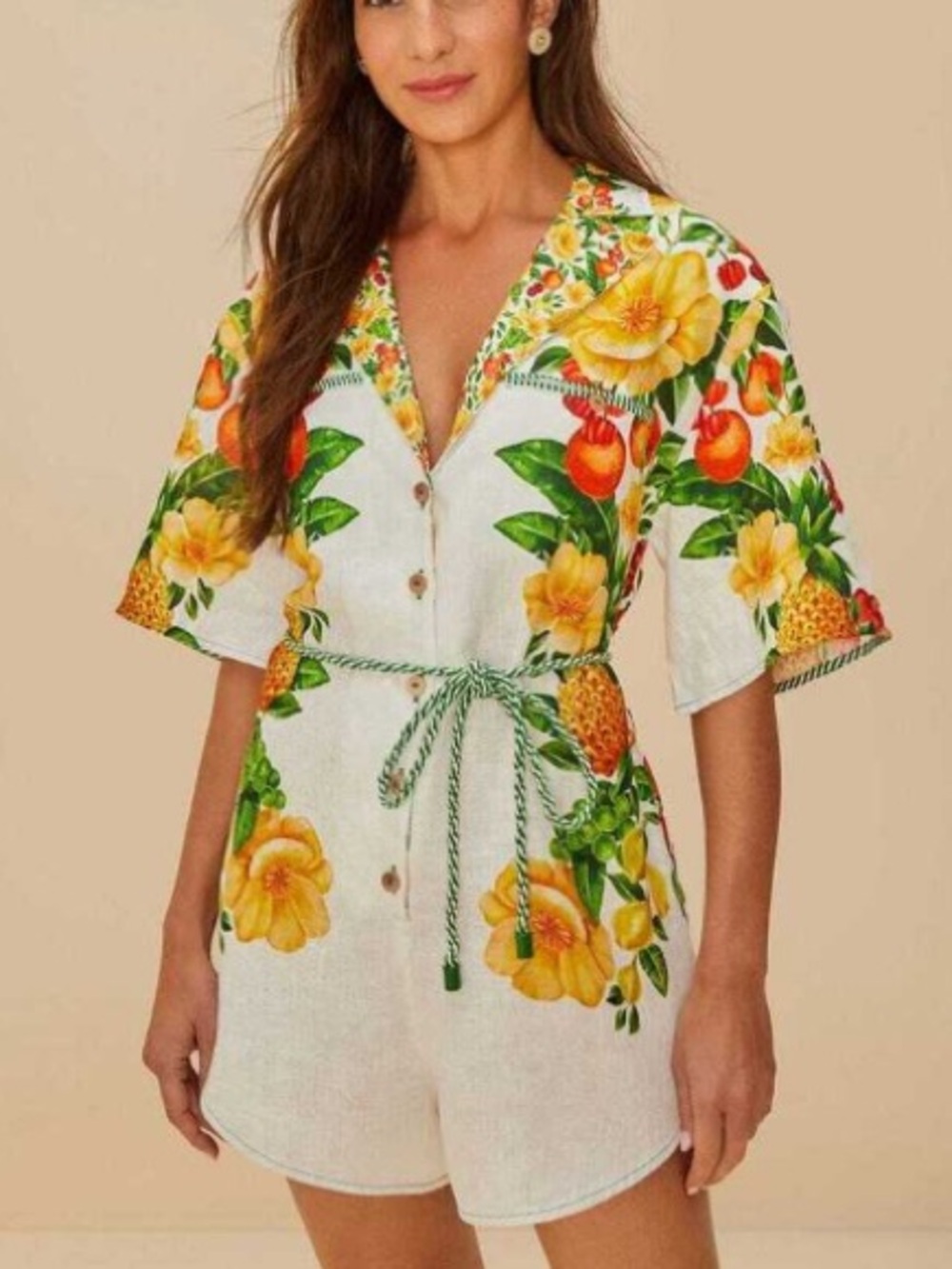 NEW FARM Rio Off-White Picnic Flowers Euroflax Premium Linen Romper Floral Sz XL